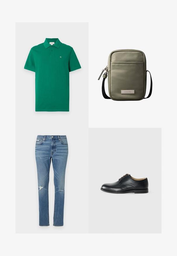 Roheline puuvillane polo särk, millel on klassikaline krae, lühikesed varrukad ja väike tikitud CK logo rinnal.; Heledadhed denim teksad, sirge lõikega, millel on kulumise detailid põlvedel ja klassikaline viie taskuga stiil.; Calvin Klein ESS DERBY - Paeltega jalanõud - triple black; Kompaktne oliivroheline ristihoidev kott esistaskuga, must reguleeritava rihmaga, tõmbluku sulgemisega ja Calvin Kleini logo plaadiga.