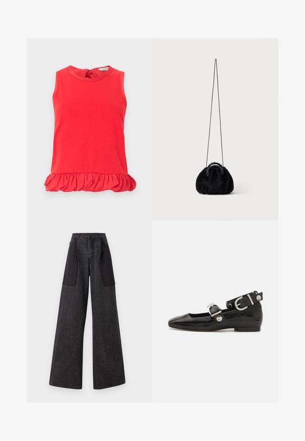 Sleeveless bright red blouse with round neckline and gathered ruffle hem, back button closure, lightweight fabric.; Wide-leg jeans made of dark denim with black fabric panels on the sides, featuring a high waist and visible stitching details.; Black patent leather flat shoe with a squared toe, ankle strap featuring silver hardware, and flat sole. Smooth texture with minimalist design.; Small black faux fur handbag with braided top handles and long thin shoulder strap on plain background.