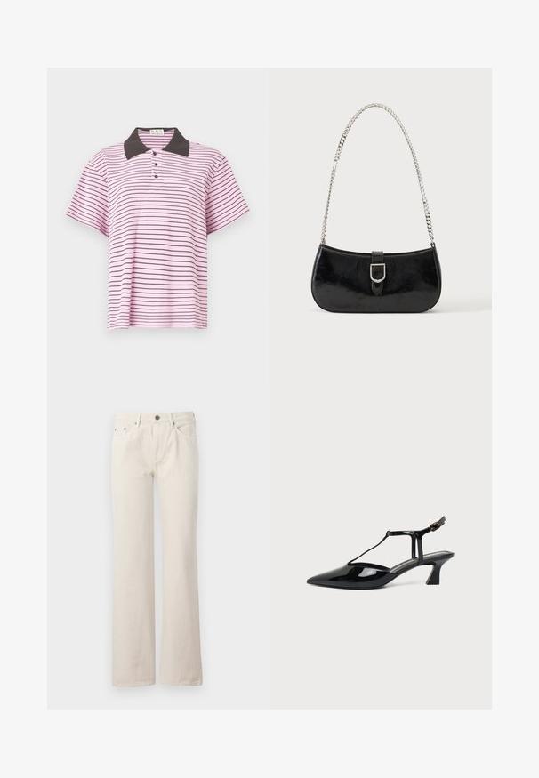 Stripet polo-shirt med en pink bundfarve og sorte, vandrette striber, en sort krave og tre knapper ved halsen. Kortærmet.; Beige wide-leg jeans lavet af bomuld, med forlommer, lynlås og en subtil tekstureret finish. Klassisk design med en afslappet pasform.; Sort laklæder spids tå slingback sko med T-rem og lav skrå blokhæl på hvid baggrund.; Sort skuldertaske i laklæder med sølv spænde og sølv kæderem, vist mod en ensartet lys baggrund.