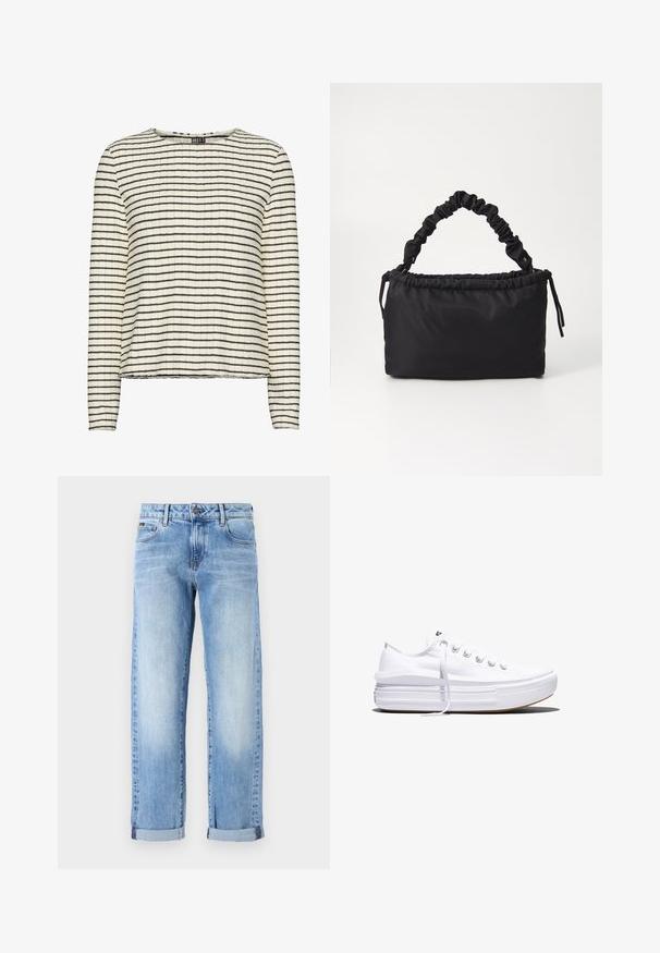 Langsleeve top in een textuur van crèmekleurige stof met smalle zwarte horizontale strepen, met een ronde halslijn en een rechte zoom.; Lichtblauwe denim jeans met opgerolde mouwen, vooraan een knoop en rits, en een klassieke vijf-pocket ontwerp op een witte achtergrond.; Witte lage canvas sneaker met dikke plateauzool, veters aan de voorkant en rubberen toeskap met structuur, zijaanzicht.; Zwarte tas gemaakt van zacht, gladde stof. Beschikt over een geplooide handgreep en een trekkoordsluiting, met een rechthoekige vorm en geen zichtbare hardware.