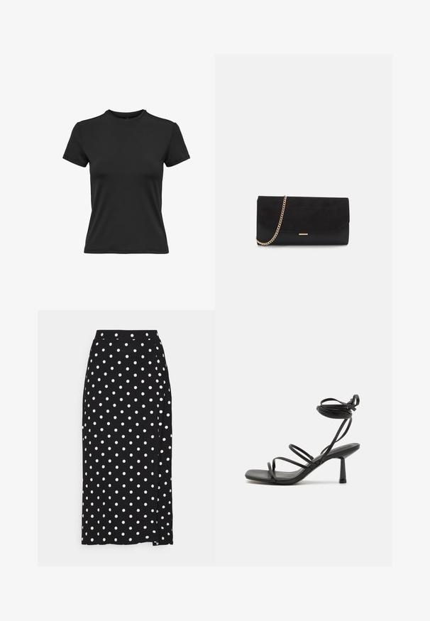 T-shirt noir à manches courtes en tissu lisse. Présente un col rond et un design simple ajusté avec des coutures nettes.; Jupe noire à pois blancs, faite en tissu doux. Elle présente une coupe droite et une fente en bas pour plus de liberté de mouvement.; Sandale noire à lanières avec un bout carré, des liens de cheville réglables et un talon carré fin. Fabriquée en un matériau lisse et durable.; Porte-monnaie noir en daim avec une finition texturée, doté d'une chaîne dorée et d'un design épuré et angulaire.