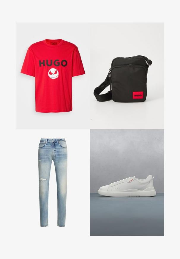 HUGO DIGHTMARE - Camiseta estampada - red; Jeans de mezclilla azul claro avec un acabado desgastado, detalle de rodilla rasgada, corte recto y estilo de cinco bolsillos. Incluye presillas para el cinturón clásicas.; Zapatilla blanca con un acabado de cuero liso, punta redonda, cuatro ojales, perforaciones sutiles y un detalle de logo rojo en el lateral.; Bolso cruzado de nylon negro con un parche rectangular rojo, compartimentos con cremallera, correa ajustable y una superficie texturizada.