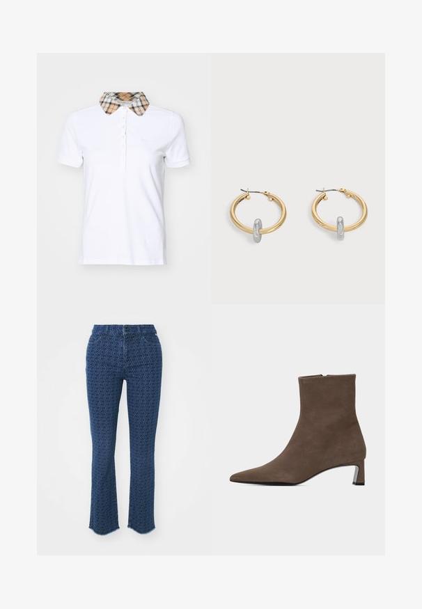 Barbour MALVERN - Poloshirt - white/hessian; Donkerblauwe jeans met een herhaald cirkelpatroon, rechte pijpen, rafelige zomen en een traditionele vijf-pocketontwerp, met een sluiting aan de voorkant met knoop.; Bruine suède enkellaars met spits toelopende neus, zijrits en lage blokhak op een effen lichte achtergrond.; Paar goudkleurige creolen met kleine zilverkleurige lusdetail op elk, weergegeven tegen een lichtgrijze achtergrond.