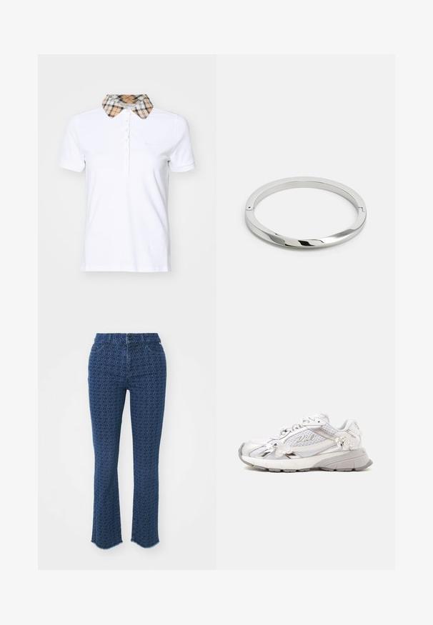 Barbour MALVERN - Poloshirt - white/hessian; Dunkelblaue Jeans mit einem wiederholten kreisförmigen Muster, geradem Beinschnitt, ausgefransten Säumen und traditionellem Fünf-Taschen-Design, mit einem Knopfverschluss vorne.; Weißer Sportschuh mit silbernen Akzenten und dekorativen Blumenverzierungen an der Seite, dargestellt vor einem schlichten hellen Hintergrund.; Silbernes Metallarmband mit einer glatten, glänzenden Oberfläche und flachen Kanten. Verfügt über ein offenes, kreisförmiges Design mit einem subtilen Verschlussdetail.