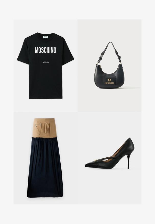 Sort bomulds T-shirt med en fed hvid "MOSCHINO" logo øverst og "Milano" nedenunder, med korte ærmer og rund halsudskæring.; Lyse denim nederdel med navy crepe flæse detajler; har lommer og sølv hardware; kombinerer en struktureret top med en svag nederste sektion.; Sort læder højhælet sko med spids tå og slank rem over toppen, fastgjort med en lille guldbælte på ensartet baggrund.; Sort læder håndtaske fra Love Moschino med buet form, knude-rem og gyldent logo på forsiden.