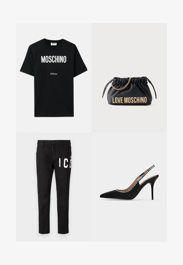 Schwarzes Baumwoll-T-Shirt mit fettem weißen "MOSCHINO"-Logo oben und "Milano" darunter, mit kurzen Ärmeln und Rundhalsausschnitt.; Schwarze Denim-Jeans mit schmaler Passform. Merkmale sind weißer Grafiktext auf der Vorderseite, fünf Taschen und ein Knopfverschlus. Glatte Textur.; Schwarzer spitzer Slingback-Pumps mit dünnem Stiletto-Absatz und "LOVE MOSCHINO" Text auf dem Riemen und Rand.; Schwarze, geraffte Lederhandtasche mit goldener Kettenriemen und goldener Aufschrift "LOVE MOSCHINO" auf der Vorderseite.