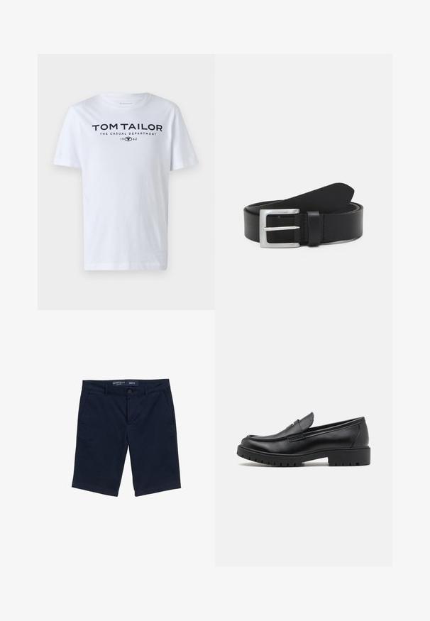 Witte katoenen t-shirt met een ronde hals, korte mouwen en marineblauwe tekst "TOM TAILOR THE CASUAL DEPARTMENT 1962."; Marineblauwe shorts van katoenmix, met knoopsluiting, zijzakken en een recht model. Maat M label zichtbaar.; Zwarte leren instappers met een ronde neus, slip-on ontwerp en dikke rubberen zool met een gestructureerde grip. Verhoogde hak en subtiele stikdetails.; Zwarte leren riem met een gladde textuur, zilveren rechthoekige gesp en een lus voor het einde. Heeft nette stiksels langs de randen.