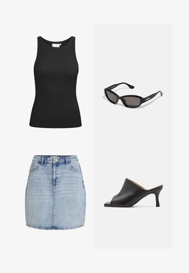 Top negro sin mangas hecho de tela acanalada, con un escote en forma de bote y un ajuste ceñido. Costuras planas y sin adornos. Diseño simple y elegante.; Mini falda de mezclilla azul claro con cierre frontal de botones y cremallera, trabillas para cinturón y bolsillos delanteros.; Selected ASHLEY - Mules de tacón - black; Gafas de sol negras con montura rectangular, lentes oscuros, material de plástico suave y un acento metálico en la patilla.