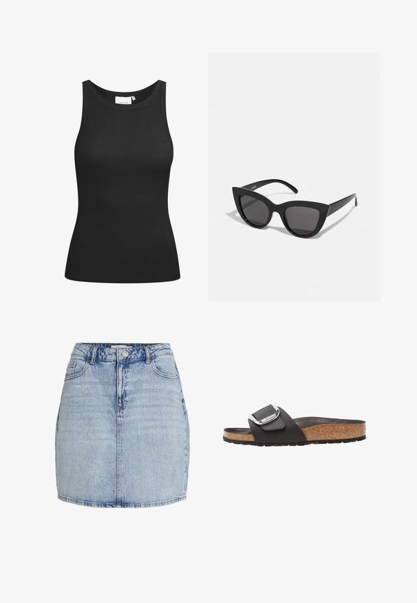Schwarzes Tanktop aus Rippstoff mit Rundhalsausschnitt und figurbetonter Passform. Flache Nähte und keine Verzierungen. Einfaches und elegantes Design.; Hellblaue Jeans-Minirock mit vorderem Knopf- und Reißverschluss, Gürtelschlaufen und vorderen Taschen.; Schwarzer Riemchensandale mit einem strukturierten Korkfußbett, einem breiten Riemen mit einer silbernen rechteckigen Schnalle und einer strapazierfähigen Gummisohle.; Schwarze Cat-Eye-Sonnenbrille mit matter Oberfläche, grauen getönten Gläsern, scharfen Kanten und schlanken Bügeln. Der Markenname ist auf dem inneren Bügel sichtbar.
