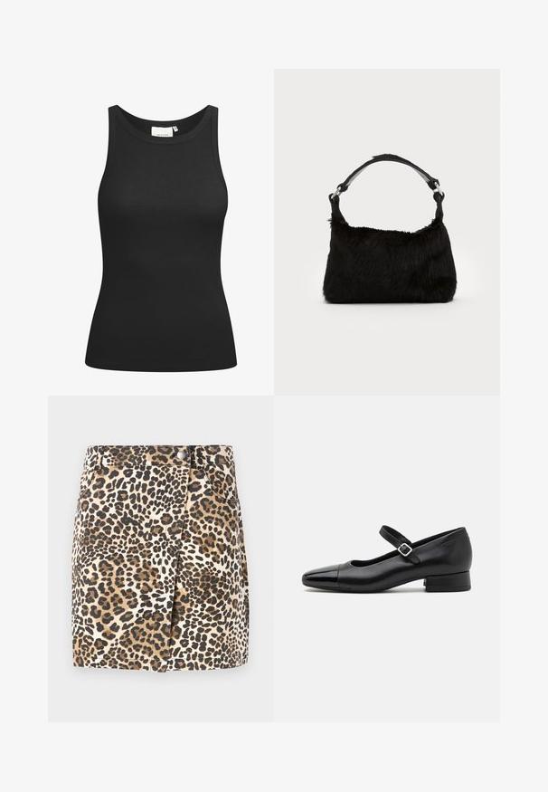 Débardeur noir en tissu côtelé, avec un décolleté en forme de rond et une coupe ajustée. Coutures plates et sans ornements. Design simple et épuré.; JDY JDYRAY Short - Minijupe - pumice stone; Chaussures Mary Jane en cuir noir avec un embout en vernis, une sangle cheville réglable et un petit talon carré. Texture lisse et design élégant.; Sac à main en fausse fourrure noire avec une texture douce, une forme arrondie et une bandoulière en cuir noir robuste. Accent en métal argenté visible.