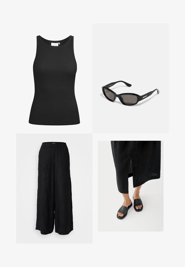 Sort tanktop lavet af ribbet materiale, med en scooped halsudskæring og en tætsiddende form. Flade sømme og ingen udsmykninger. Enkel og strømlinet design.; Sorte vide benbukser lavet af hør med elastisk talje. Stoffet har en mat tekstur og falder løst fra taljen til anklerne.; Sorte slidssandaler med bred rem, flad sål og minimalistisk design. Materialet virker glat med en mat finish.; Sorte solbriller med rektangulært stel, mørke linser, glat plastmateriale og en metalaccent på templet.