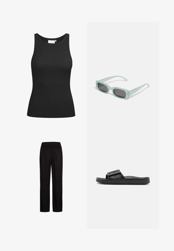 Débardeur noir en tissu côtelé, avec un décolleté en forme de rond et une coupe ajustée. Coutures plates et sans ornements. Design simple et épuré.; Pantalon noir à jambes larges en tissu léger avec une ceinture smockée. Présente une coupe décontractée et une légère texture sur toute la surface.; Sandale noire à semelle plate avec une large sangle, boucle ajustable et texture mate lisse. Design simple sans motifs supplémentaires.; Une paire de lunettes de soleil rectangulaires avec des montures translucides bleu clair et des verres gris foncé, présentant des branches droites et des détails matériels minimaux.