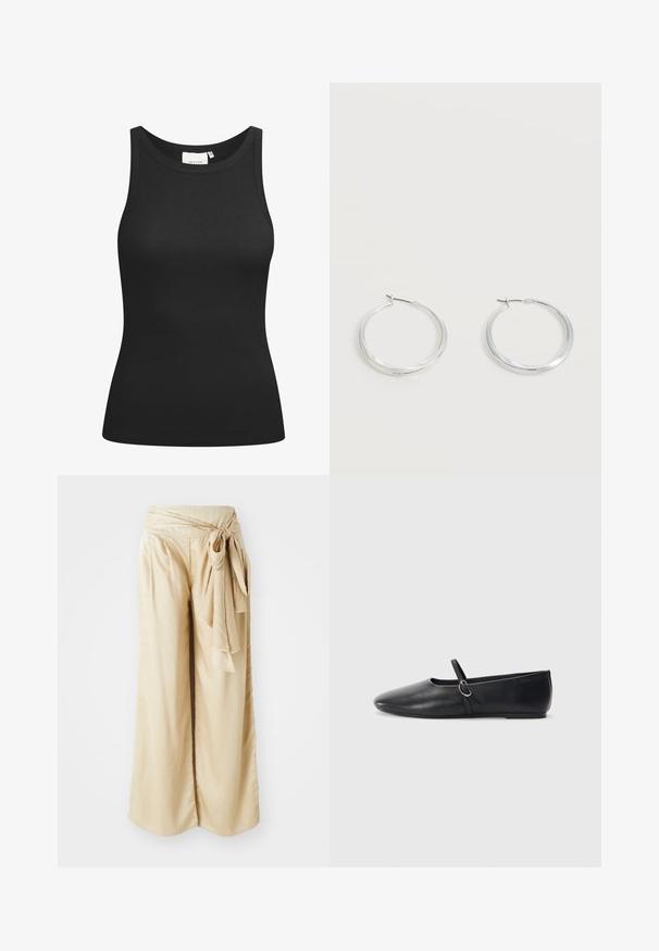 Top negro sin mangas hecho de tela acanalada, con un escote en forma de bote y un ajuste ceñido. Costuras planas y sin adornos. Diseño simple y elegante.; Pantalones de pierna ancha en suave tejido beige, con una cintura envolvente y un detalle de lazo. Textura suave con un diseño fluido.; Bailarinas de cuero negro con punta afilada, suela plana y una pequeña correa con detalle de hebilla plateada.; Pendientes de aro de metal plateado con superficie lisa y ligeramente curvada y cierre de tipo mosquetón sobre un fondo blanco liso.