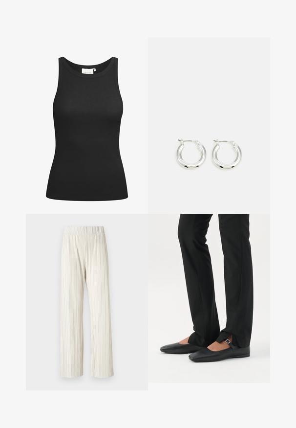 Čierny top bez rukávov vyrobený z rebrovanej tkaniny, s výstrihom do tvaru lode a priliehavým strihom. Hladké švy a žiadne ozdoby. Jednoduchý a elegantný dizajn.; Sukňové nohavice s širokým strihom v svetlej béžovej farbe, so elastickým pásom. Vyrobené z ľahkej textílie s vertikálnou štruktúrou po celom povrchu.; Nohy v čiernych priliehavých nohaviciach s prednými rozparkami na leme, v kombinácii s čiernymi plochými topánkami Mary Jane s malým prackovým remienkom.; Strieborné kruhové náušnice s lešteným povrchom, ktoré majú kruhový tvar a závesné zapínanie. Hladký povrch s minimálnymi detailmi.