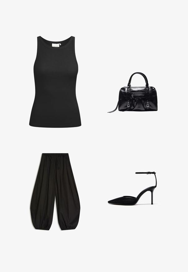Débardeur noir en tissu côtelé, avec un décolleté en forme de rond et une coupe ajustée. Coutures plates et sans ornements. Design simple et épuré.; Pantalon large noir fluide avec taille élastique et poignets élastiques froncés aux chevilles, présenté sur fond blanc.; Escarpin noir à bout pointu avec côtés en mesh et fine bride de cheville à fermeture par boucle.; Sac à main en cuir noir brillant avec deux poignées, poche zippée à l'avant, détails avec boucle et bandoulière pour poignet sur fond blanc.