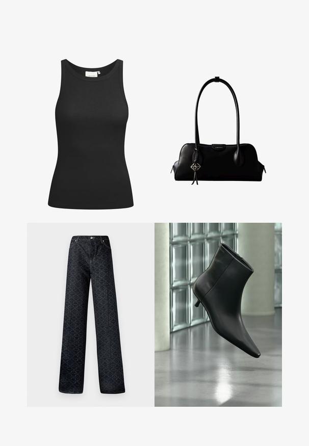 Schwarzes Tanktop aus Rippstoff mit Rundhalsausschnitt und figurbetonter Passform. Flache Nähte und keine Verzierungen. Einfaches und elegantes Design.; Dunkelblaue, weite Jeans mit geometrischem Muster, aus Denim gefertigt. Mit Metallknopf, Reißverschluss und Kettelung der vorderen Taschen.; Schwarzer Leder-Stiefelette mit spitzer Zehenpartie und niedrigem Kitten-Heel, schräg dargestellt vor einem polierten Boden und einer Glasbausteinwand.; Schwarze Lederhandtasche von Calvin Klein mit langen Henkeln, einem vorderen Logo-Tag und einem silbernen geometrischen Anhänger, der an einem Henkel hängt.