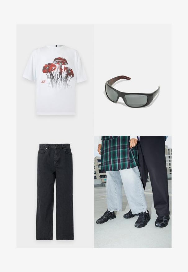Weißes T-Shirt mit kurzen Ärmeln mit einer Grafik von vier roten und schwarzen Quallen und einem kleinen Oakley-Logo auf der Vorderseite.; Dunkelblaue Denim-Hosen mit weitem Bein, Fünf-Taschen-Design und Knopfverschluss. Enthält Hardware in kupferfarbener Ausführung und eine subtile Textur.; Schwarze Sportschuhe mit Mesh- und Gummielementen. Kombiniert mit hellgrauen weiten Jeans und einem karierten grünen Oberteil. Flacher Hintergrund.; Arnette HOT SHOT - Sonnenbrille - dark grey