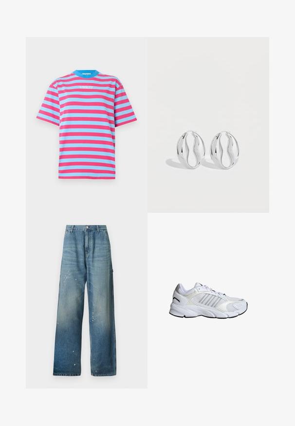 Camiseta de manga corta a rayas horizontales azules y rosas con cuello azul y texto blanco "STIEGLITZ" centrado en el pecho.; Vaqueros azules de pierna ancha con lavado descolorido y salpicaduras de pintura blanca, con trabillas, cierre frontal y bolsillos.; Zapato deportivo blanco con malla transpirable y materiales sintéticos, tres franjas plateadas, suela de caucho texturizada y cuello acolchado.; Par de pendientes de aro plateados brillantes con un diseño retorcido y ondulado, exhibidos sobre un fondo claro y liso.