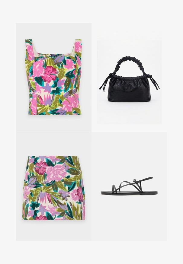Blomstret crop top i flerfarvet stof med pink, lilla og grønne mønstre. Fyrkantet halsudskæring og brede skulderstropper.; Mini-sundskørt med blomsterprint i klare pink og lavendelblomster, samt grønne og blå blade, lavet af et letvægtsstof.; Sorte flade sandaler med tynde, krydsende remme, åben tådesign og en minimalistsk sål. Har et lille spænde detaljer til justering.; Sort taske med krokodilletekstur, rynket øverste kant, samlet hank og snore med kvaster på hver side mod en hvid baggrund.