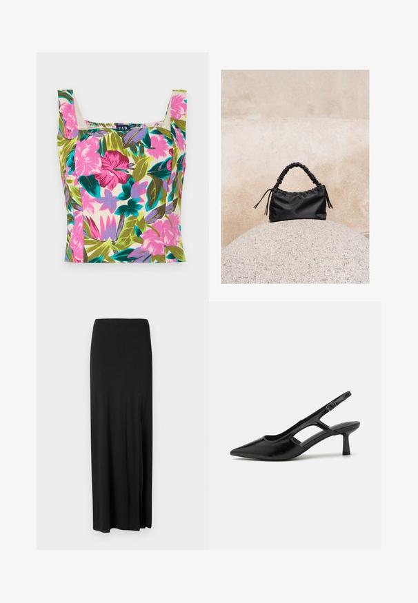 Top court floral en tissu multicolore avec des motifs roses, violets et verts. Encolure carrée et larges bretelles.; Jupe maxi noire en matériau doux et élastique. Elle présente une fente latérale et un design simple et épuré sans embellissements.; Escarpins noirs à talon ouvert avec un embout pointu, fabriqués en matériau brillant, présentant des accents découpés et un talon modéré pour un bon soutien.; Sac à main noir froncé avec une poignée froncée, posé sur une sphère en pierre texturée devant un mur en béton beige.