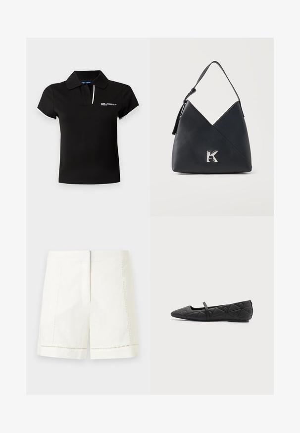 Polo noir avec un col classique. Caractéristiques : manches courtes et coupe slim. Accents blancs le long du col et des manches. Logo sur la poitrine.; Shorts en lin blanc avec un design structuré, comprenant des poches latérales et des surpiqûres décoratives le long de l'ourlet. Texture lisse, coupe ajustée.; Chaussure plate noire à bout pointu avec motifs géométriques matelassés et une fine bride sur le cou-de-pied sur fond uni.; Sac à épaule en cuir noir texturé avec un design angulaire et un logo métallique argenté "K" sur le devant.
