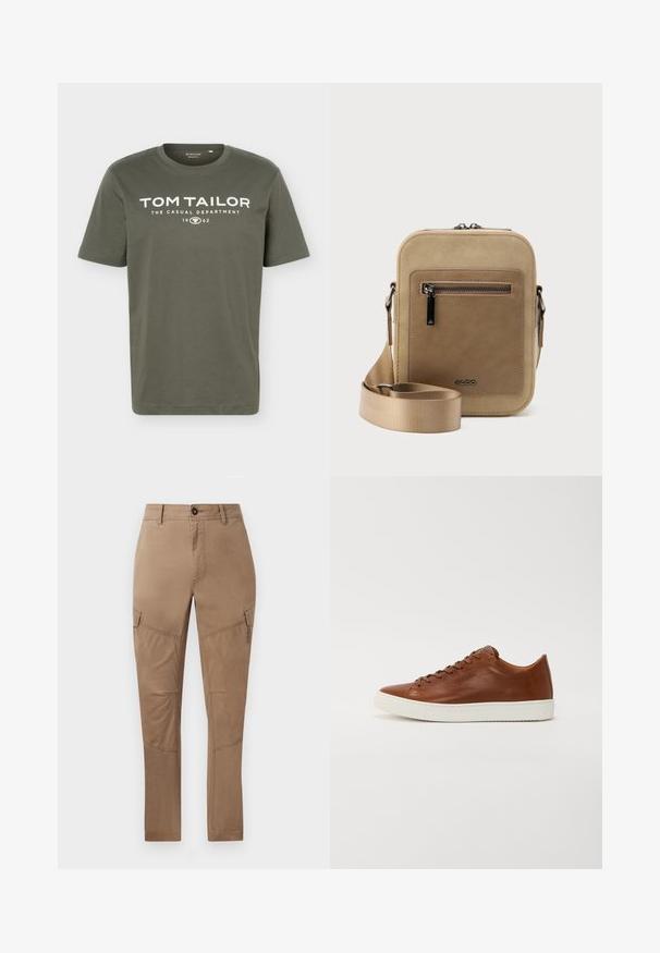 Camiseta de manga corta color verde oliva con cuello redondo y texto blanco "TOM TAILOR THE CASUAL DEPARTMENT 1962" impreso en el pecho.; Pantalones cargo en mezcla de algodón color marrón claro. Presentan bolsillos laterales, piernas rectas y detalles de costura. Textura suave con un acabado duradero.; Zapatilla de cuero marrón con punta redondeada, suela de goma blanca y líneas limpias. Cuenta con un cierre con cordones y un sutil logo en el lateral.; Bolso pequeño beige tipo bandolera con bolsillo frontal con cremallera, logo metálico de ALDO, correa ancha ajustable y forma rectangular redondeada sobre fondo blanco.