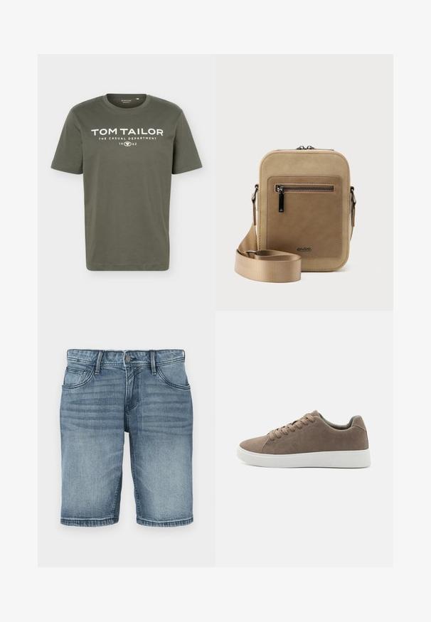 Olivgrünes kurzärmeliges T-Shirt mit Rundhalsausschnitt und weißem Aufdruck "TOM TAILOR THE CASUAL DEPARTMENT 1962" auf der Brust.; Denim-Shorts in heller blauer Waschung, mit einem klassischen Fünf-Taschen-Design, gestickten Details und einem geraden Bein mit einem gesäumten Abschluss.; Braune Wildledersneaker mit flachen weißen Gummisohlen, Schnürdesign, abgerundete Zehen und einer glatten Textur. Minimalistischer Stil mit dezenten Nähdetails.; Kleine beige Umhängetasche mit vorderer Reißverschlusstasche, metallischem ALDO-Logo, verstellbarem breitem Riemen und abgerundeter rechteckiger Form vor weißem Hintergrund.