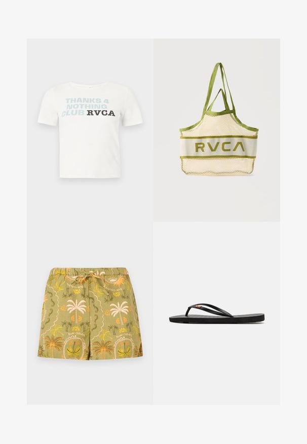 Camiseta blanca de manga corta con el texto "THANKS 4 NOTHING CLUB RVCA" impreso en el pecho en letras azules y negras.; Pantalones cortos de color verde oliva con cintura elástica y cordón, con estampados de palmeras y flores en naranja y amarillo, junto con los textos "sun" y "soleil".; Chanclas negras con suela plana, que presentan correas delgadas y una plantilla texturizada. Pequeño logo en la correa. Diseño simple y minimalista.; Bolso tote de malla beige con ribetes y asas en verde oliva, con el logo "RVCA" en el panel central sobre un fondo liso.