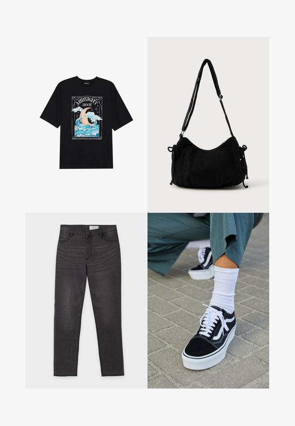 Schwarzes Baumwoll-T-Shirt mit einem grafischen Design von einem Mond und Wellen in Blau, Weiß und Beige, mit dem Text "MITTERNACHTSMOND."; Schwarze Jeans mit geradem Bein, Knopf- und Reißverschluss, Vorder- und Gesäßtaschen und dezenter Ausbleichung an den Oberschenkeln, flach auf weißem Hintergrund ausgelegt.; Schwarze Wildledersneaker mit weißen Akzenten und Schnürsenkeln, ausgestattet mit einer dicken weißen Sohle und kontrastierenden Nähten, kombiniert mit einer weißen Socke.; Schwarze Cordtasche mit geschwungener Form, verstellbarem Schultergurt und Kordelzugverschlüssen an beiden Seiten zur Größenanpassung.