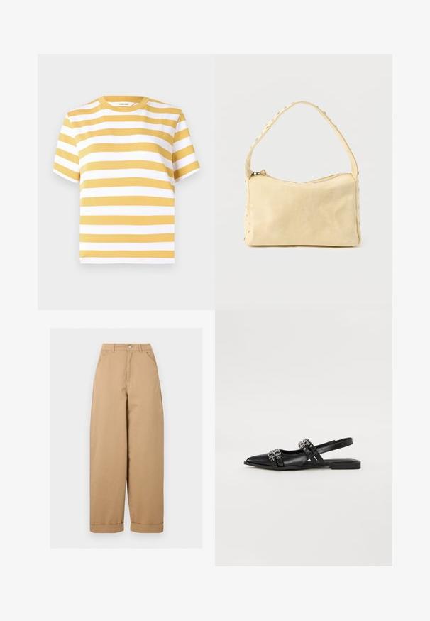 T-shirt à manches courtes rayé jaune et blanc avec un col rond, fabriqué en tissu doux. Coupe droite sans accents ou motifs marqués.; Pantalon beige taille haute à jambes larges avec poches avant, passants de ceinture, fermeture par boutons et ourlets retroussés.; Even&Odd Ballerines à brides arrière - black; Petit sac à main en cuir beige avec une seule bandoulière et des clous argentés le long des bords et de la bandoulière, posé sur un fond uni.