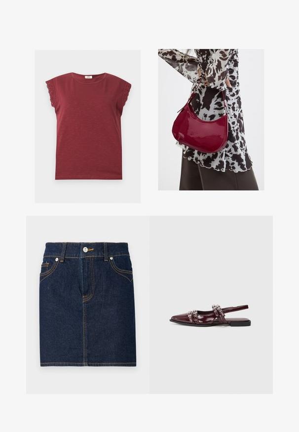 Bordeauxkleurig T-shirt met korte mouwen, ronde halslijn en kanten rand langs mouwzomen, plat gelegd op een lichte achtergrond.; Donkerblauwe denim rok met zichtbare stiksels, vijf zakken en een knoopsluiting aan de voorkant. Rechte snit met een schone zoomlijn.; Bordeaux glanzend leren slingback platte schoen met een puntige neus, uitgerust met decoratieve banden met metallic accenten.; Vrouw met een zwart-wit gebloemde blouse houdt een glanzende rode schoudertas vast tegen een effen achtergrond.