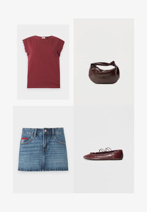 Chemise bordeaux à manches courtes avec encolure ronde et bordure en dentelle aux bords des manches, posée à plat sur un fond clair.; Jupe en denim mini en bleu moyen avec texture délavée, cinq poches et coutures rouges. Comprend une fermeture à bouton et des passants de ceinture.; Femme ballerine en cuir bordeaux avec un bout pointu, des détails en dentelle sur le devant et des œillets en argent. Semelle souple pour plus de flexibilité et de confort.; Sac bandoulière en cuir marron foncé avec une forme souple et décontractée et une anse nouée torsadée sur un fond blanc uni.