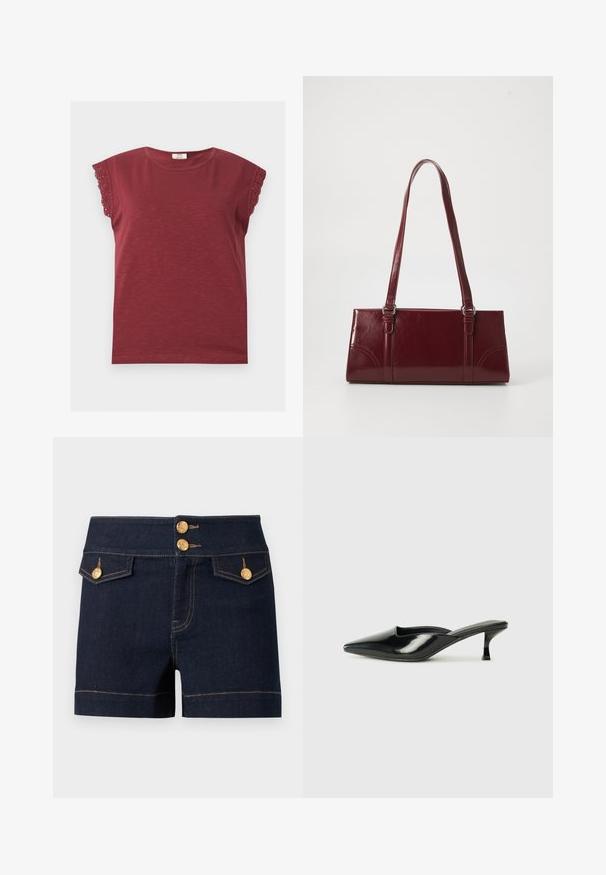 Chemise bordeaux à manches courtes avec encolure ronde et bordure en dentelle aux bords des manches, posée à plat sur un fond clair.; Short en jean denim bleu foncé taille haute, avec deux poches à rabat à l'avant et des boutons décoratifs dorés sur la ceinture et les poches.; Mules en cuir verni noir avec un bout pointu, un petit talon et des côtés courbés, présentant une finition brillante et un design minimaliste.; Sac à main bordeaux en matériau brillant, de forme rectangulaire, avec deux anses et des accents légèrement courbés à l'avant.