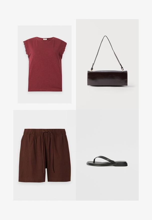 Chemise bordeaux à manches courtes avec encolure ronde et bordure en dentelle aux bords des manches, posée à plat sur un fond clair.; Short marron à taille élastique avec cordon ajustable, fabriqué en tissu doux, présenté sur un fond blanc uni.; Tongs noires en cuir lisse, avec un design de sangle fine et une semelle plate à profil minimal. Aucun motif ou accent notables.; Sac à main rectangulaire en cuir noir avec une longue bandoulière unique et une finition brillante, présenté sur un fond blanc uni.