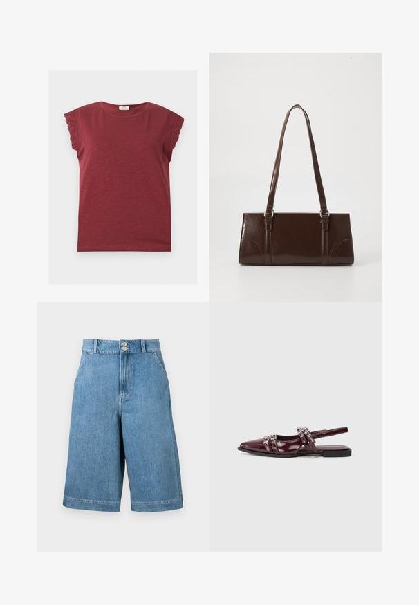 Chemise bordeaux à manches courtes avec encolure ronde et bordure en dentelle aux bords des manches, posée à plat sur un fond clair.; Shorts en denim bleu taille haute à jambes larges, deux poches avant, passants de ceinture et fermeture à double bouton sur un fond uni.; Chaussure plate slingback en cuir verni bordeaux avec un bout pointu, présentant des lanières décoratives avec des accents métalliques.; Sac à main en cuir verni marron de forme rectangulaire, avec deux longues poignées et des accents courbés subtils à l'avant.