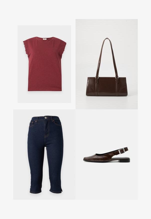 Chemise bordeaux à manches courtes avec encolure ronde et bordure en dentelle aux bords des manches, posée à plat sur un fond clair.; Jean skinny court en denim bleu foncé avec fermeture frontale par boutons et surpiqûres orange, présenté sur fond blanc.; Chaussure plate slingback en cuir marron foncé avec bout carré, texture crocodile et boucle argentée sur la bride.; Sac à main en cuir verni marron de forme rectangulaire, avec deux longues poignées et des accents courbés subtils à l'avant.