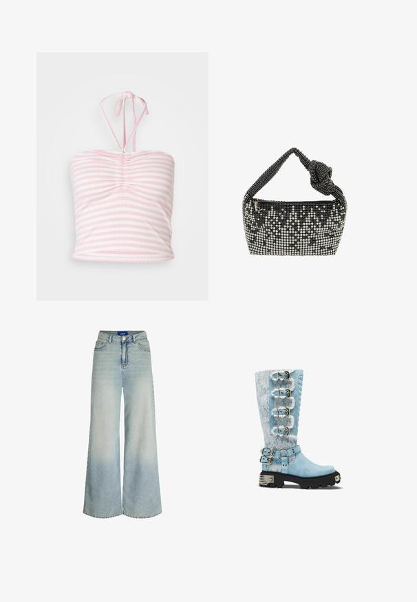 Top corto rosa de rayas horizontales con un diseño recogido en la parte delantera, lazos en el cuello halter y una textura de tela suave.; Jeans de pierna ancha hechos de denim azul claro, con una cintura alta, diseño de cinco bolsillos y un ligero desvanecimiento en la textura de la tela.; Bota alta azul claro con superposición de encaje blanco, cuatro hebillas laterales, dos correas en el tobillo, panel acolchado y suela negra gruesa con detalles plateados.; Bolso de mano negro y plateado con cuentas, con un asa anudada, que presenta un cierre de cremallera y un patrón creado por cuentas y texturas contrastantes.