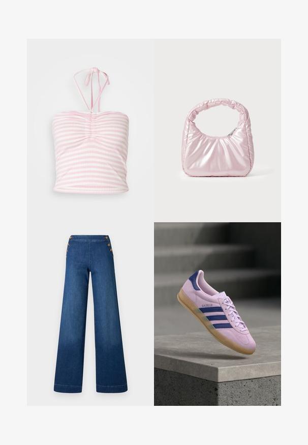 Top court rose à rayures horizontales avec un design à l'avant froncé, des liens autour du cou et une texture de tissu lisse.; Pantalon en denim bleu foncé à jambes larges. Il présente un devant plat avec cinq boutons dorés pour la fermeture. Texture lisse avec une finition classique.; Baskets Adidas Gazelle violet clair avec des bandes bleu marine et une languette au talon, semelle en gomme, flottant au-dessus d’un rebord en pierre avec des escaliers flous en arrière-plan.; Sac à main rose rembourré avec un design arrondi, fabriqué à partir d'un matériau brillant. Dispose d'une poignée froncée et d'une fermeture éclair pour un accès sécurisé.