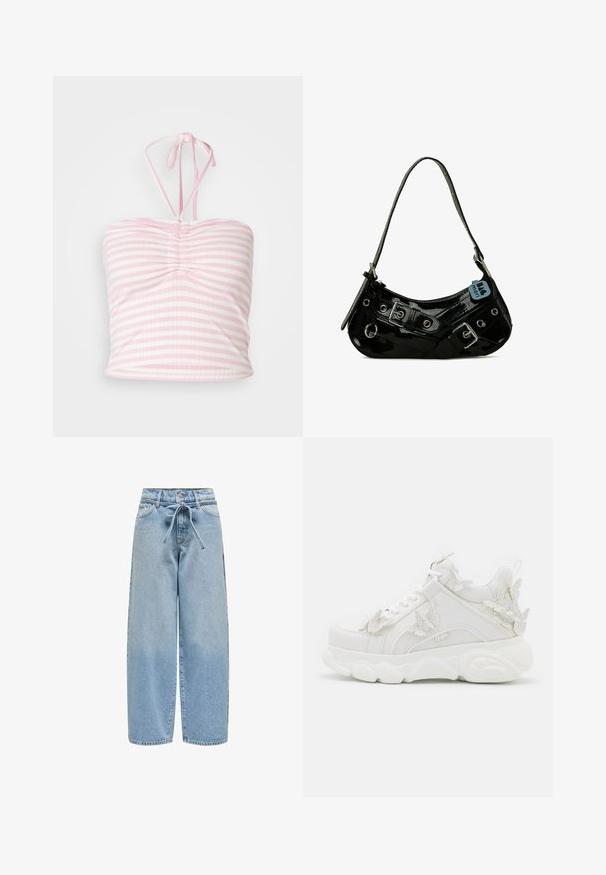Rúžový crop top s horizontálnymi pruhmi, so zhrnutým predným dizajnom, zaväzovaním na halterneck a hladkou textúrou látky.; Svietlo modré riflové nohavice s širokými nohavicami, viazaným pásom, piatimi vreckami a mierne opotrebovaným vzhľadom so žltkavými škvrnami po celom povrchu.; Biela robustná teniska s hrubou podrážkou a dekoratívnymi 3D motýľovými detailmi na boku, šnúrkach a päte.; Čierna lakovaná kožená taška s zakriveným tvarom, s striebornými kovaniami, dekoratívnymi prackami a krátkym popruhom. Pripojená modrá visačka.