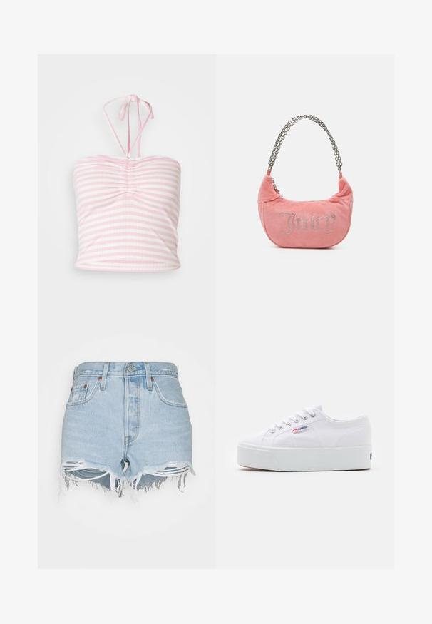 Horizontale gestreifte pinke Crop-Top mit einem gerafften Vorderdesign, Halterneck-Bindungen und glatter Stofftextur.; Levi's® 501® ORIGINAL SHORT - Jeans Shorts - luxor edge; Weiße Leinenschuhe mit einer dicken weißen Plattformsohle, runder Zehenpartie und Metallösen für die Schnürsenkel. Markenlogo an der Seite angebracht.; Juicy Couture KIMBERLY SMALL SET - Handtasche - pink