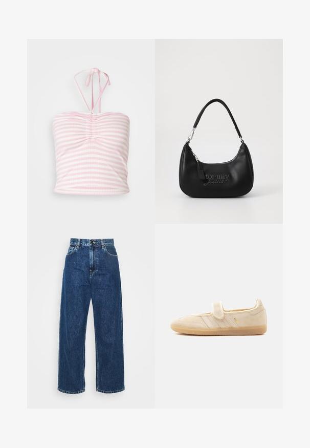 Horisontalt stribet pink crop top med en samlet frontdesign, halterneck-bånd og en glat stofstruktur.; Lysblå denim brede ben jeans med høj talje, synlig syning og standard lommer. Har en knap- og lynlåslukning.; Beige ruskind Mary Jane sneaker med velcrolukning, gummisål, tre syede striber og gyldent "SAMBA" branding på siden.; Sort syntetisk skuldertaske med en buet form, der har en sølvfarvet lynlås og prægede "tommy jeans" logo på forsiden.