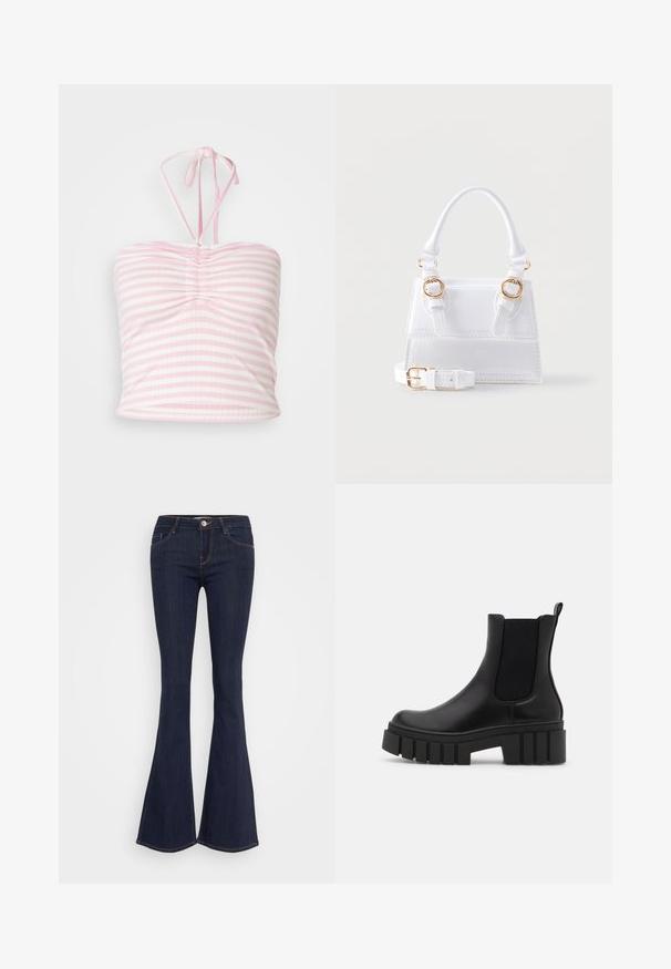 Horisontalt stribet pink crop top med en samlet frontdesign, halterneck-bånd og en glat stofstruktur.; Mørke denim flare jeans med en tætsiddende talje, der har en forsænket knaplukning, fem-lomme design og sømdetaljer langs benene.; Sort læder Chelsea-støvle med tyk, ribbet platformsål og elastiske sidesektioner, vist mod en ensfarvet lys baggrund.; Hvid struktureret håndtaske med tophåndtag, to spænder i guldfarve på forsiden og en aftagelig justerbar skulderrem.