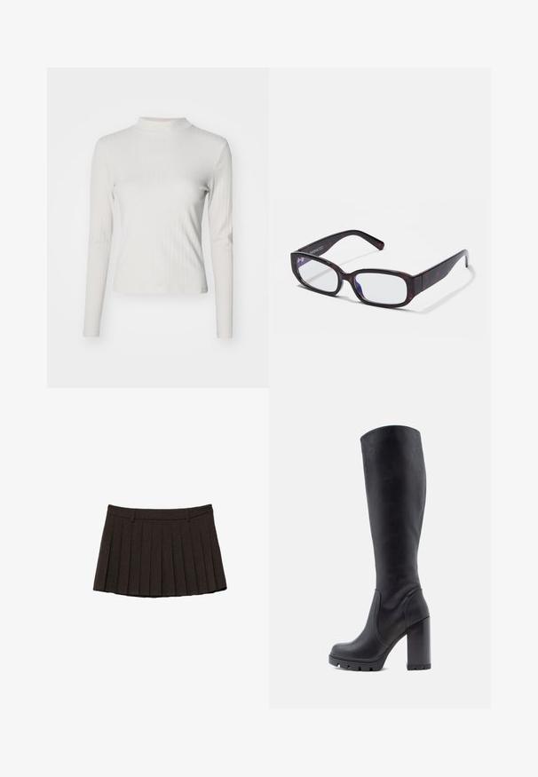 Haut à manches longues beige clair côtelé avec col montant et texture lisse, présentant une coupe ajustée et des accents de design minimalistes.; Mini-jupe plissée noire avec passants de ceinture et ceinture structurée sur fond blanc.; Botte noire montante, en cuir lisse, avec un talon épais, un bout rond, une semelle texturée avec adhérence, au design élégant sans embellissements.; Lunettes rectangulaires en écaille de tortue brune avec des verres transparents et des branches épurées, présentant une texture lisse et un design minimaliste.