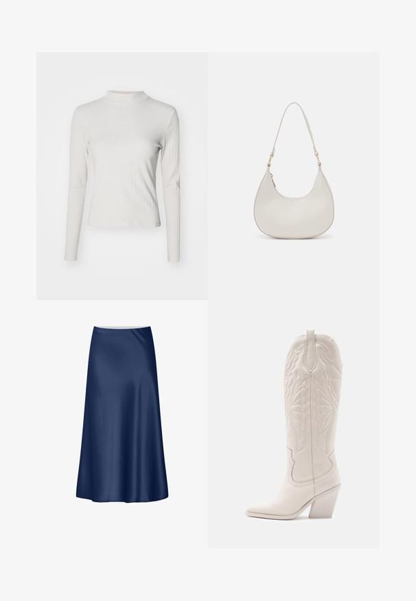 Top de manga larga en beige claro con textura acanalada, cuello alto simulado y textura suave, con un corte ajustado y detalles de diseño mínimos.; Falda A-line de satén en Navy con una textura suave, un diseño fluido y un corte de longitud media. Presenta una cinturilla limpia sin acentos adicionales.; Bota vaquera de cuero blanco con punta afilada y tacón bloqueado. Presenta patrones de costura intrincados en el caña y una textura suave.; Bolso de hombro de cuero crema con forma de media luna, correa delgada y sutil detalle de costuras. Diseño minimalista con acentos de hardware en tono dorado.