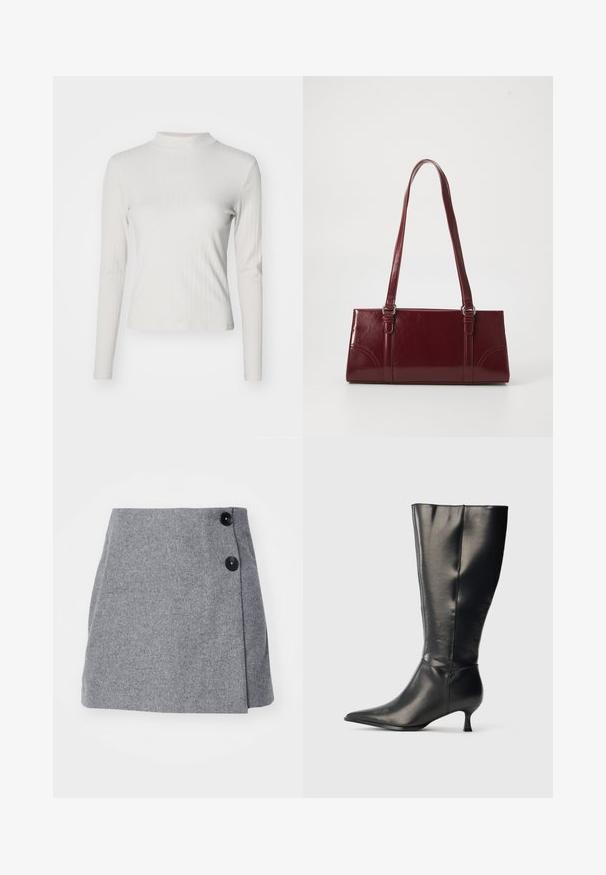 Haut à manches longues beige clair côtelé avec col montant et texture lisse, présentant une coupe ajustée et des accents de design minimalistes.; Jupe en laine grise avec un design enveloppé, arborant deux boutons noirs sur le côté et une surface texturée.; Botte en cuir noire montant jusqu'au genou, avec un bout pointu et un petit talon bas, présentée sur un fond clair uni.; Sac à main bordeaux en matériau brillant, de forme rectangulaire, avec deux anses et des accents légèrement courbés à l'avant.