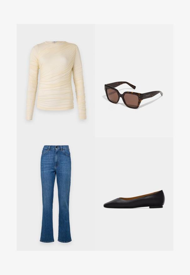Crème lange mouwen top, met gerimpelde textuur en een iets getailleerde silhouet. Zachte stof met een ronde halslijn en soepele naden.; Denim flare jeans in middelblauw met een hoge taille, vijf zakken en tonale stiksels. Voorzien van een knoop- en ritssluiting.; Zwarte leren puntschoen met lage hak en gladde afwerking, zijaanzicht op een lichtgrijze achtergrond.; Tortoiseshell zonnebril met bruine lenzen, vierkante frame, verfraaid met zilveren klinknagels aan de voorkant en een gegraveerd logo op de zijkant.