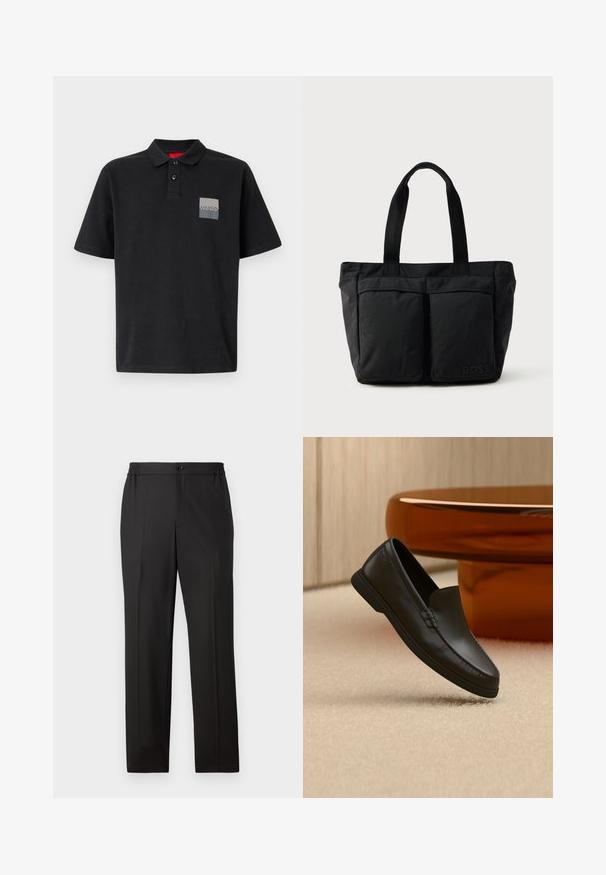 Camisa polo negra de algodón con un cuello de dos botones, mangas cortas y un parche rectangular gris en el lado izquierdo del pecho.; Pantalones negros con diseño de pierna recta, cintura elástica con cierre de botón, frente plano y textura de tela suave.; Mocasín negro de piel sin cordones exhibido sobre una alfombra beige junto a una mesa de cristal curva color ámbar en una habitación de tonos neutros.; Bolso tote negro con una construcción de tela suave, dos bolsillos frontales y asas resistentes. Logo mostrado en el lateral. Diseño simple y funcional.