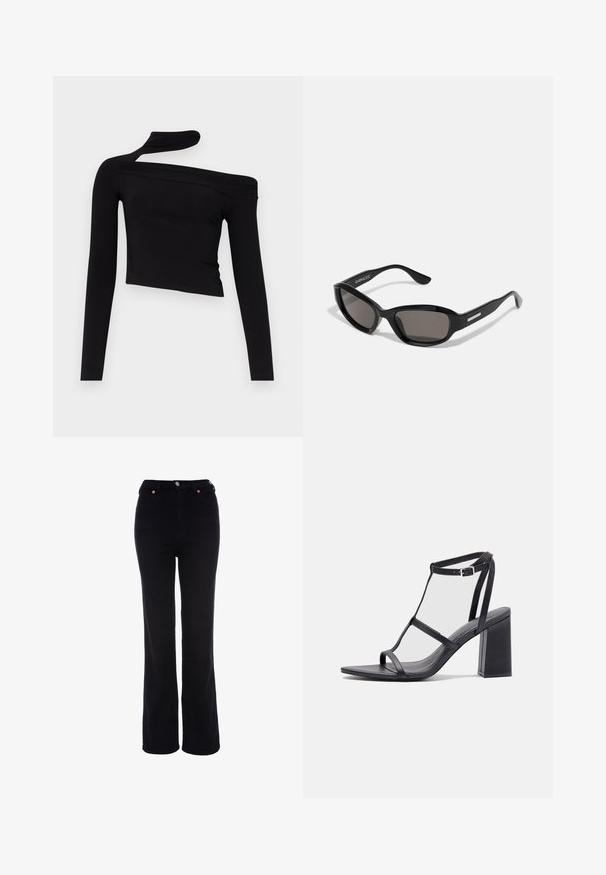 Gina Tricot CUT OUT - Langærmet T-shirt - black; Sorte bukser med højt liv og lige ben med knap- og lynlåslukning, bæltestropper og forlommer.; Sorte hælede sandaler med firkantet tå og blokhælb. Har tynde stropper og en justerbar ankelspænde. Glat læderoverflade.; Sorte solbriller med rektangulært stel, mørke linser, glat plastmateriale og en metalaccent på templet.