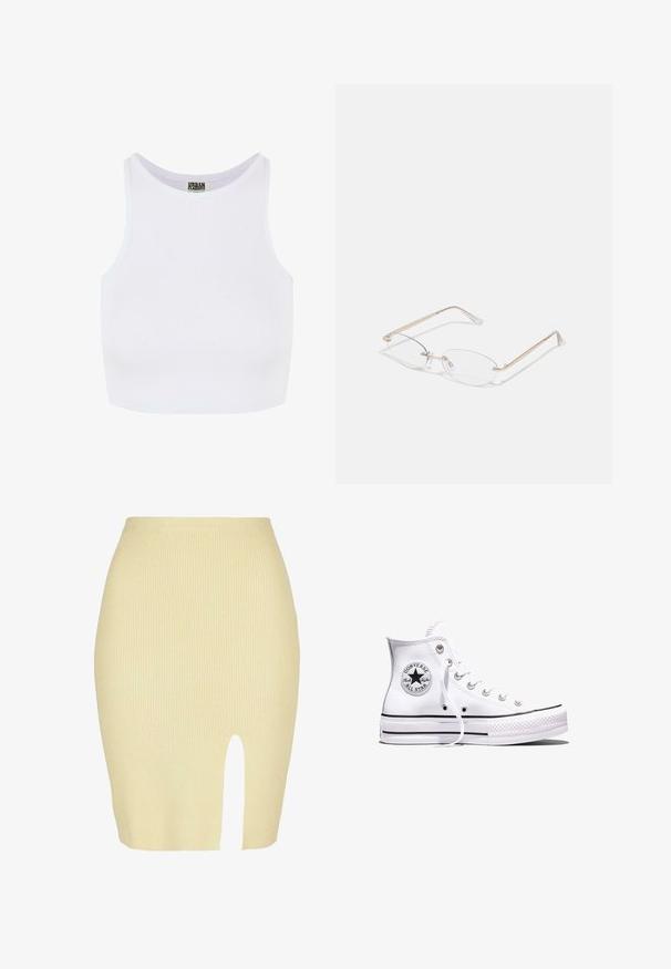 Hvid ribbet cropped tanktop med brede skulderstropper og en rund udskæring. Har en blød tekstur og et minimalistisk design uden mønstre.; Ribbet midi nederdel i lysegul med slidsdetalje foran, der har en tætsiddende silhuet og en blød tekstur.; Hvid Converse Chuck Taylor All Star højt snøresko med sorte striber og logoemblem på siden, vist mod en ensfarvet hvid baggrund.; Guldmetal briller med ovale linser, slanke arme og klare næsepuder. Har subtile hængsel accenter og gennemsigtige linser.
