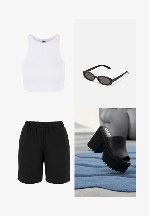 Witte geribbelde crop tanktop met brede schouderbanden en een ronde halslijn. Beschikt over een zachte textuur en een minimalistisch ontwerp zonder patronen.; Zwarte katoenen shorts met een elastische tailleband, met een gladde textuur en een eenvoudige snit. Geen zakken of versieringen zichtbaar.; Zwarte plateau-muil met open teen en dikke profielzool, geplaatst op een gestructureerd blauw vloerkleed binnen, vlak bij een grijze fauteuil.; Even&Odd by Zalando Zonnebril - black